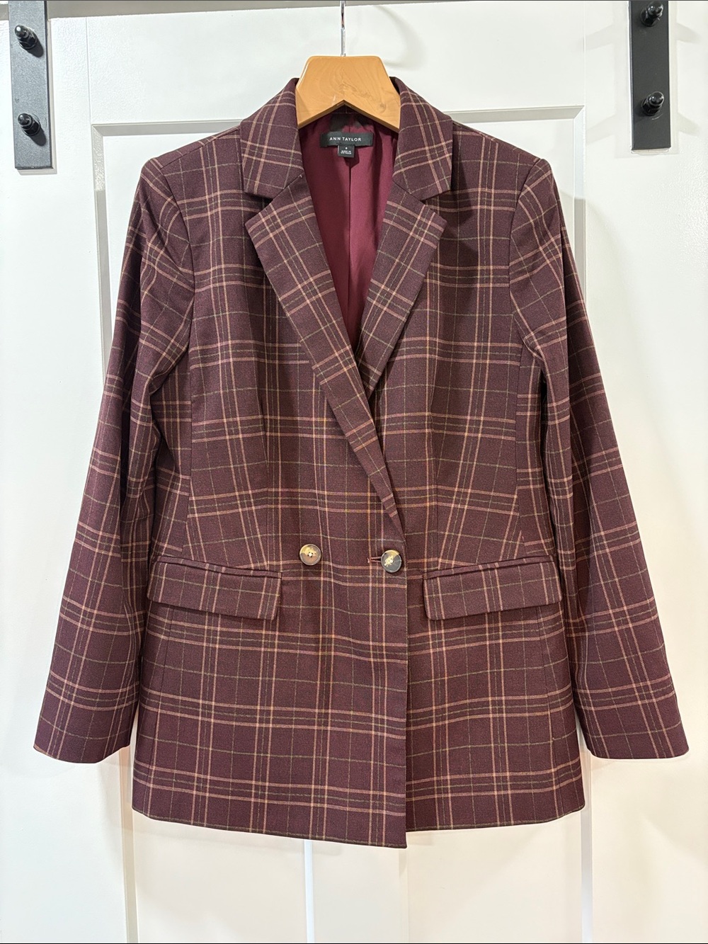 Ann Taylor Burgundy Plaid Double-Breasted Tailored Blazer Size 8